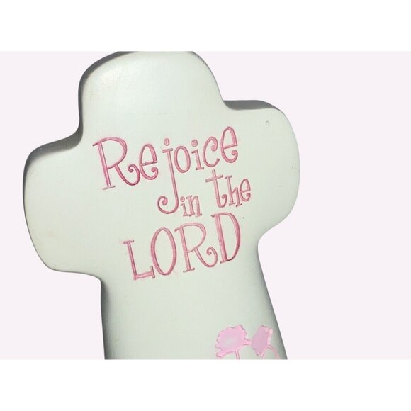 Religious Cross w/ Floral Pink Design and Inspirational Text Rejoice In The Lord - Picture 3 of 8